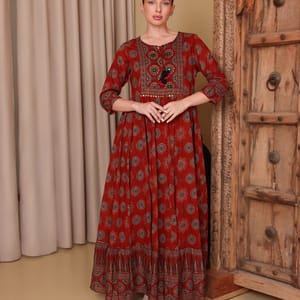 Ikkxa Ilham Ajrakh Print 3/4 Sleeves Ethnic Maxi Dress IKKXA - Women's Maxi Dresses 29
