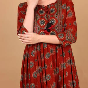 Ikkxa Ilham Ajrakh Print 3/4 Sleeves Ethnic Maxi Dress IKKXA - Women's Maxi Dresses 30