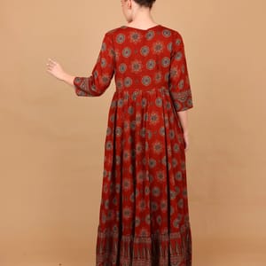 Ikkxa Ilham Ajrakh Print 3/4 Sleeves Ethnic Maxi Dress IKKXA - Women's Maxi Dresses 31