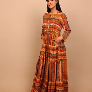 Ikkxa Lubna Ethnic Motif Print Long Sleeves Tiered Maxi Dress