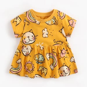 Cute Cartoon Print Cotton Summer Dress for Little Girls