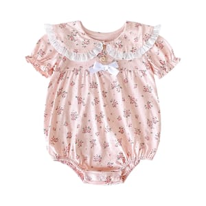 Floral Cotton Short Sleeve Baby Girls Bodysuit with Peter Pan Collar