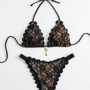 Women’s Black Lace Bikini Set Ruffled Halter Push Up Swimwear Women’s Black Lace Bikini Set Ruffled Halter Push Up Swimwear