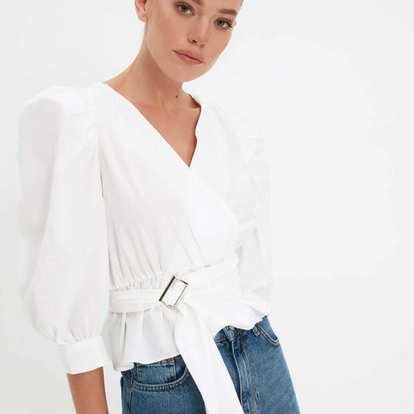 Solid Puff Sleeve Waist Tie-Up Wrap Top
