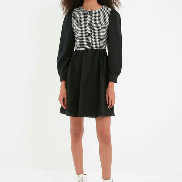 Checked Button Detail Dress