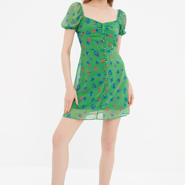 Puff Sleeve Printed Button Detail Dress