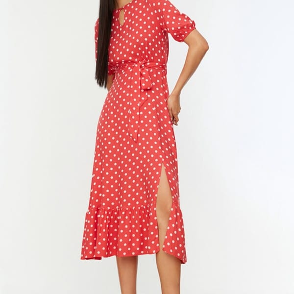 Side Split Ruffle Hem Spot Print Dress