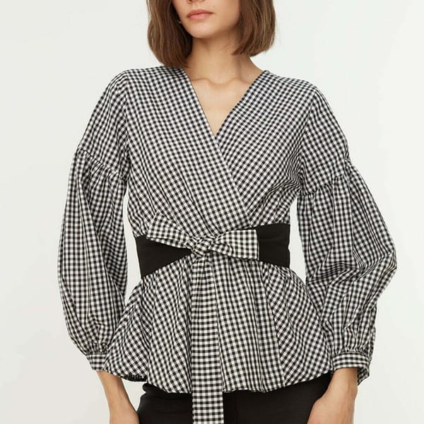 Black Belted Double-Breasted Weave Checkered Blouse