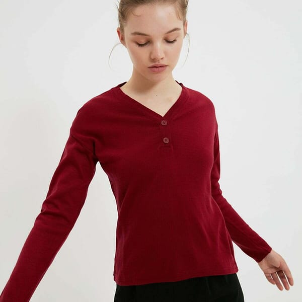 Burgundy Long Sleeve V-Neck Button Detail Women's Top