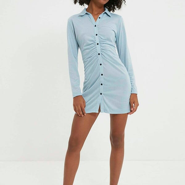 Blue Long Sleeve Pleated Button Down Shirt Women's Dress