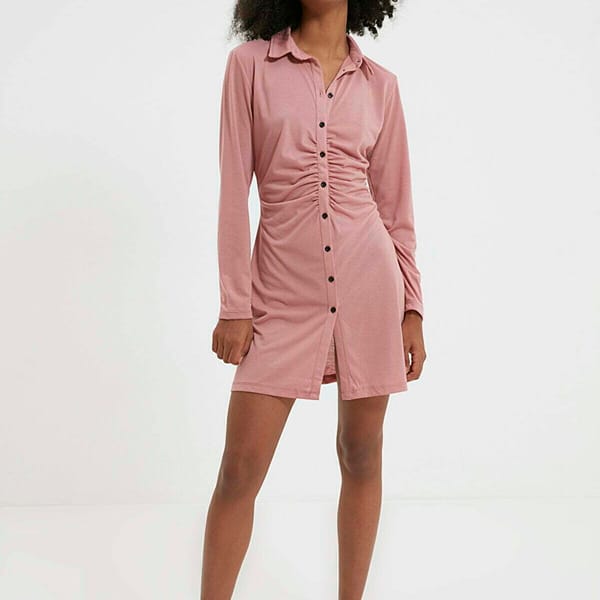 Pink Long Sleeve Pleated Button Down Shirt Women's Dress