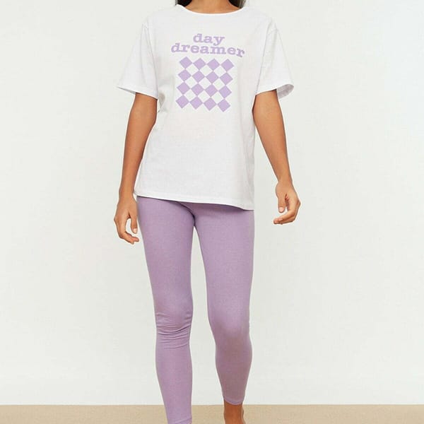 White Front Print Crew Neck T-Shirt And Pants Pyjama Women's Set