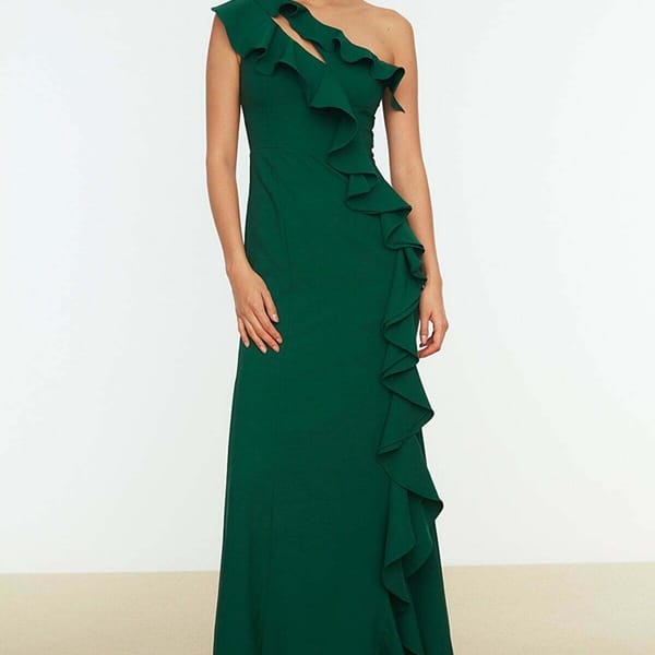 Emerald Green Ruffle Detail Asymmetric Neckline Women's Dress