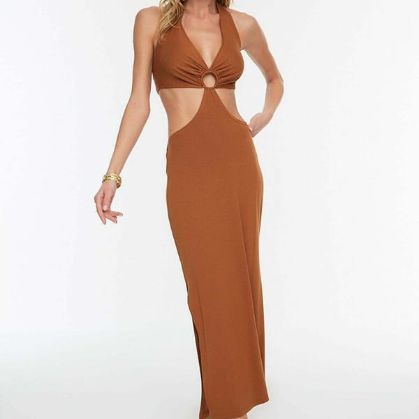 Brown Halter Neck Cut Out Detail Women's Dress
