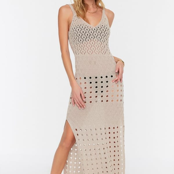 Beige Spaghetti Strap Side Split Knitted Women's Dress