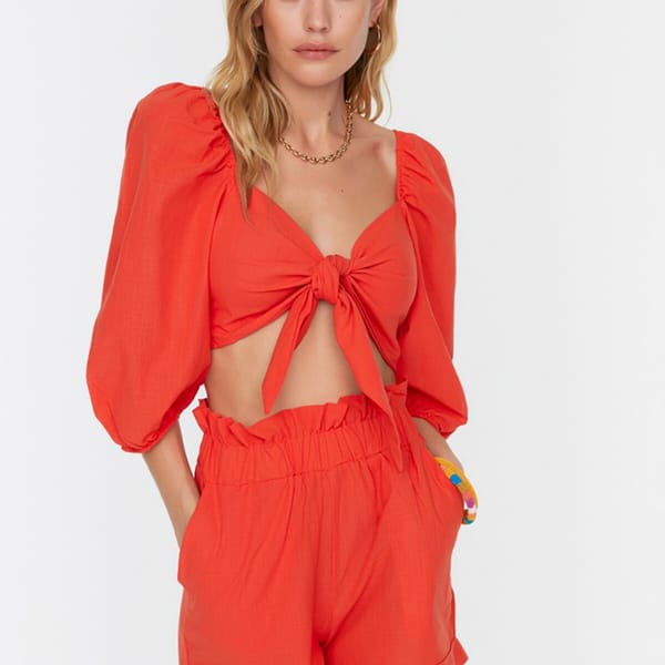 Balloon Sleeve Tie Detail Crop Top & Shorts Set
