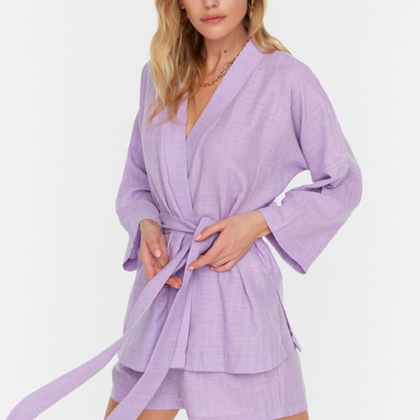 Tie Detail Kimono & Shorts Set
