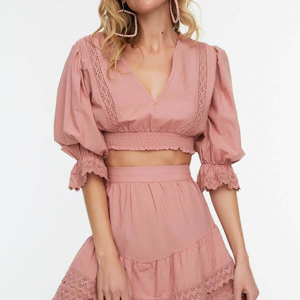 Pink Puffed Sleeve Lace Detailed Voile Top And Mini Skirt Women's Set