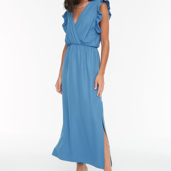 Sleeves Flounce Slit Surplice Dress