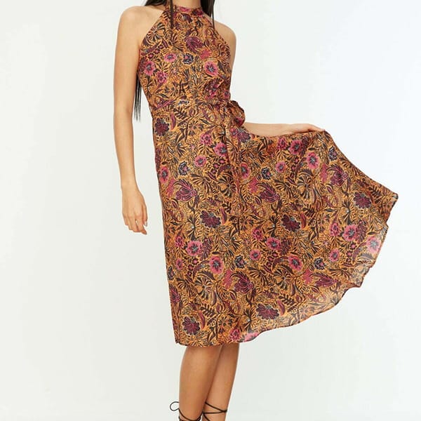 Orange Belt Floral Print Pleated Halter Neck Women's Dress