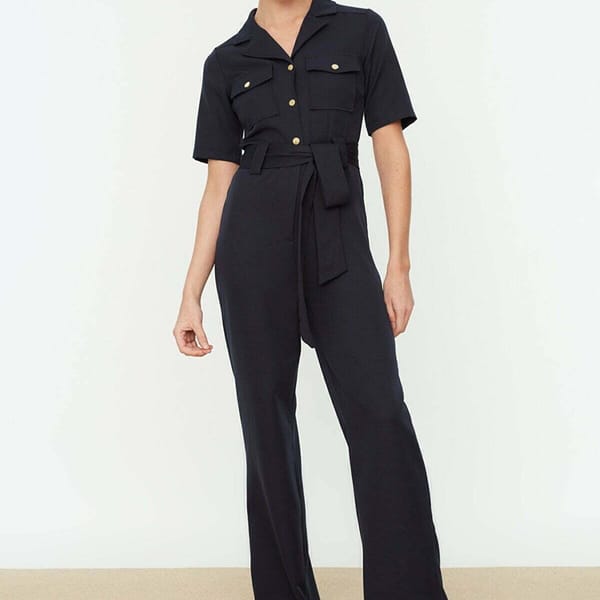 Straight-Cut Navy Blue Wide Leg Women's Jumpsuit