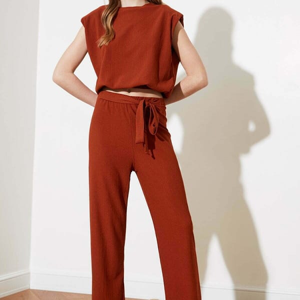 Boat Neck Knitted Top & Pants Women's Set