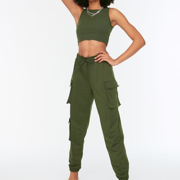 Navy Green Knitted Crop Top & Cargo Pants Women's Set