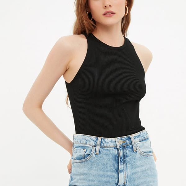 Black Crew Neck Sleeveless Ribbed Women's Top