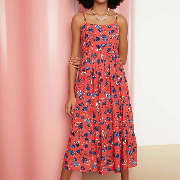 Red Floral Print Pleated Square Neck Sleeveless Women's Dress