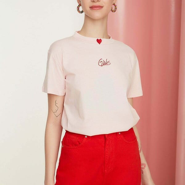 Embroidered Stand Up Collar Basic Knitted T-Shirt