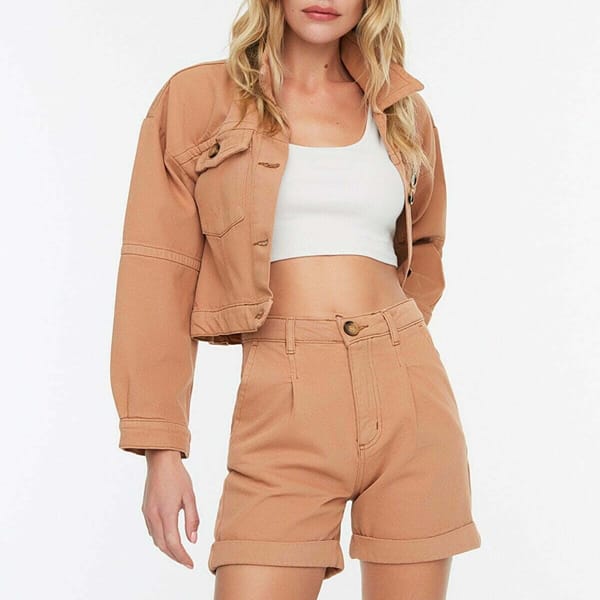 Beige Pocket Detail Denim Long Sleeve Women's Jacket