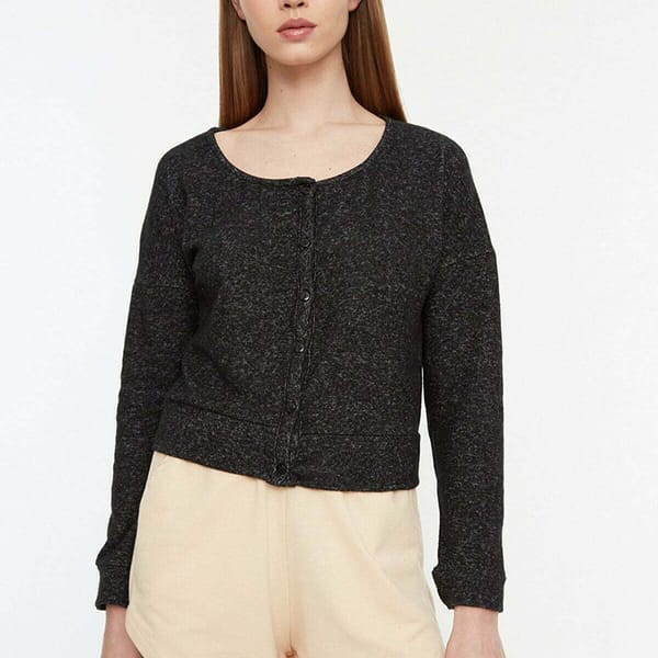 Black Button Down Cropped Knitted Women's Cardigan