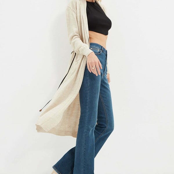 Beige Button Down Long Knitted Women's Cardigan