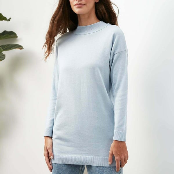Blue Tunic High Neck Knitted Women's Sweater