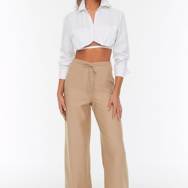 Beige Straight Wide Leg Women's Trouser