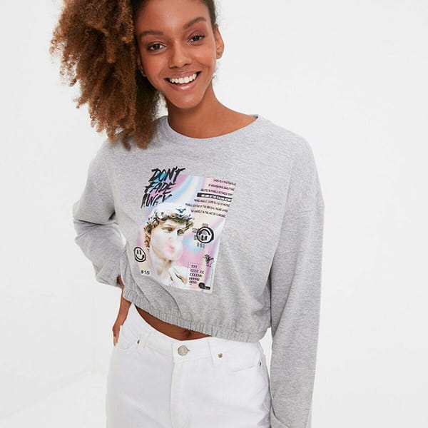 Grey Front Printed Knitted Cropped Women's Sweatshirt