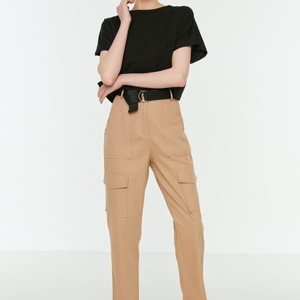 Beige Cargo Pocket Detail Women's Pants