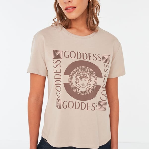 Beige Front Print Crew Neck Graphic Women's T-Shirt