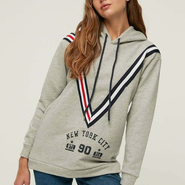 Stripe Detail Printed Hooded Knitted Sweatshirt