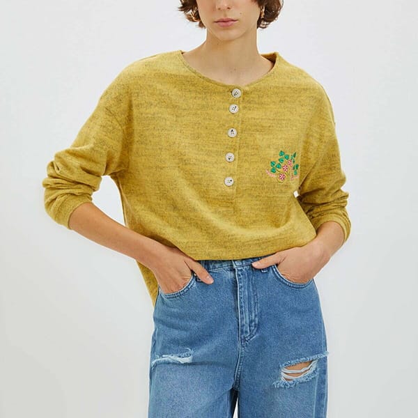 Yellow Chest Embroidered Knitted Women's Sweatshirt
