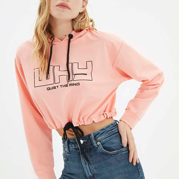 Pink Graphic Knitted Cropped Women's Hoodie