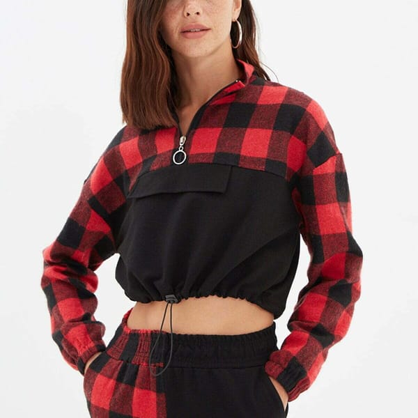 Two Tone Red And Black Crew Neck Cropped Women's Sweatshirt