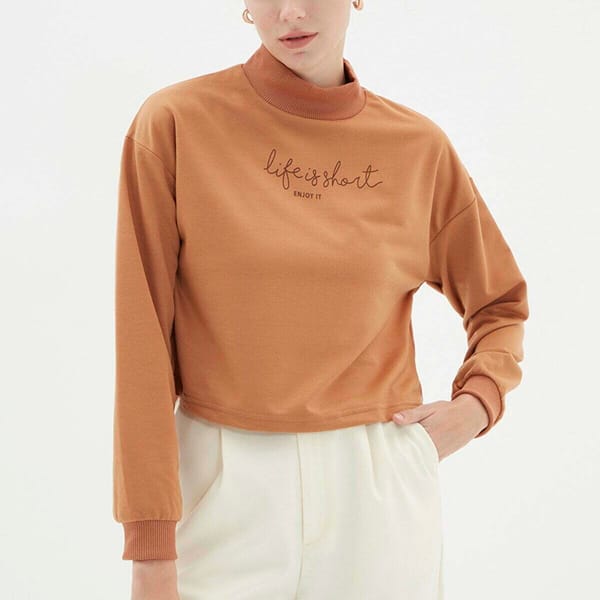 Beige Turtle Neck Knitted Women's Sweatshirt