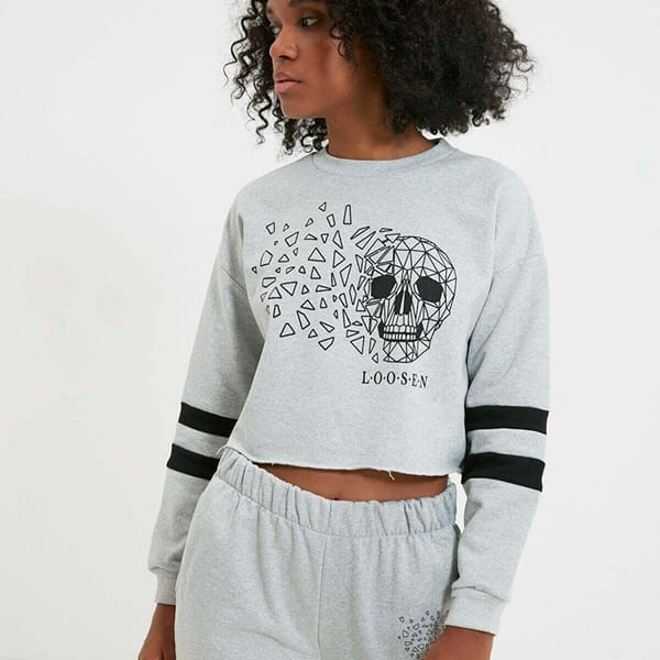 Crop Printed And Raised Knitted Sweatshirt