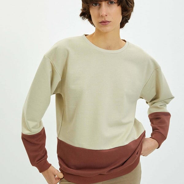 Two Tone Beige And Brown Crew Neck Women's Sweatshirt