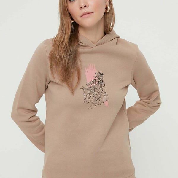 Beige Graphic Knitted Women's Hoodie