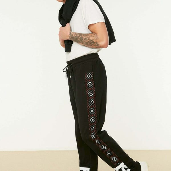Black Cuffed Printed Men's Sweatpants