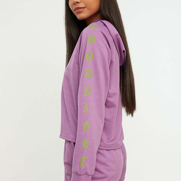 Purple Sleeve Print Knitted Hoodie And Shorts Women's Set