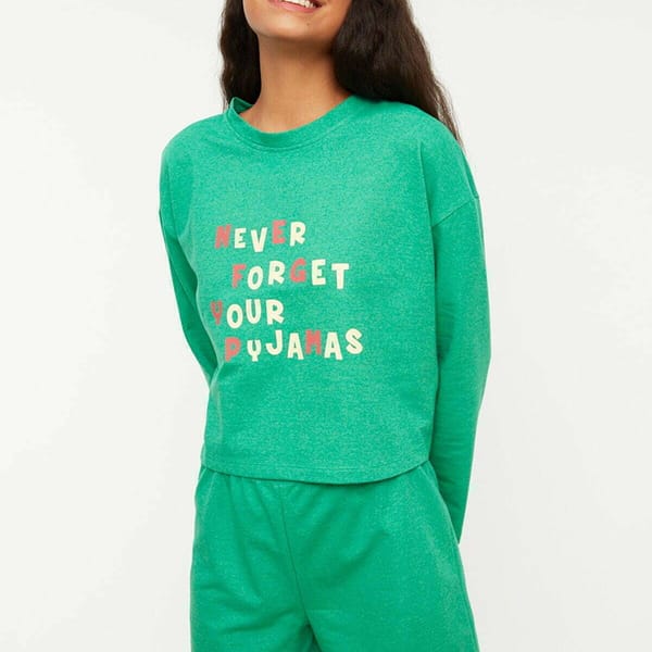 Green Front Print Knitted Pyjama And Shorts Women's Set