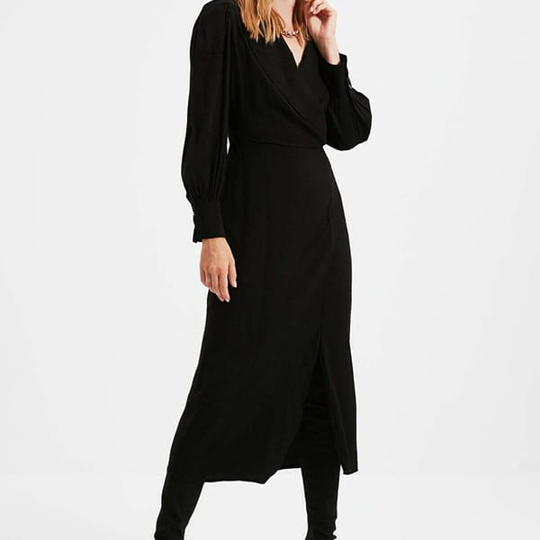 Black V Neck Pleated Wrap Women's Dress